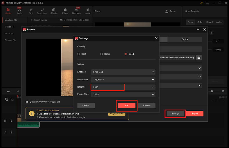Click the Settings button and adjust the video bitrate in MiniTool MovieMaker