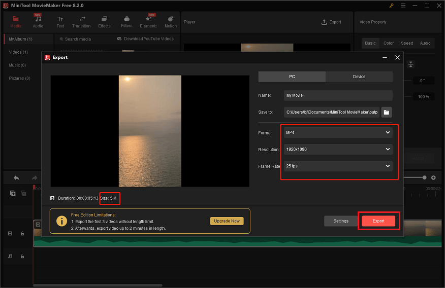 Change the video format, resolution, and frame rate to further compress the video, and click Export to start compression in MiniTool MovieMaker