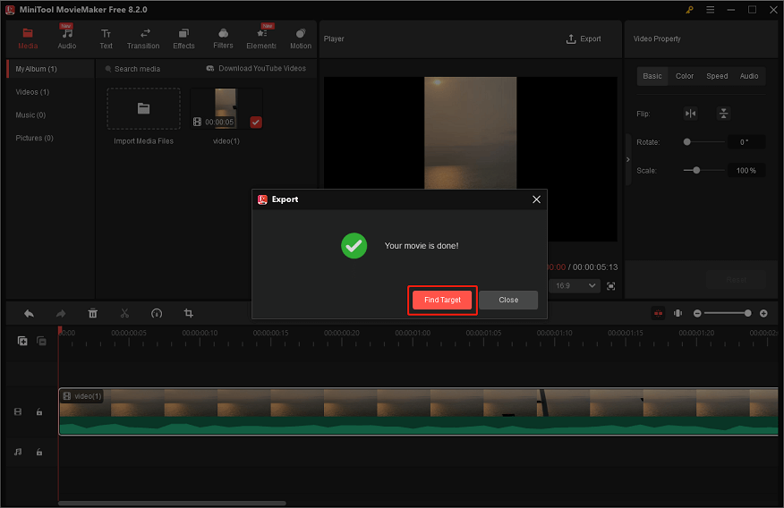 Click Find Target in MiniTool MovieMaker to locate the compressed video