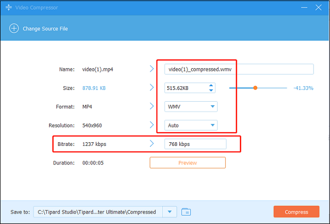 Adjust the output file name, size, format, resolution, and bitrate in Tipard Video Converter Ultimate