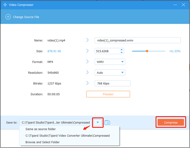 Select an output save path and click Compress to start compression in Tipard Video Converter Ultimate