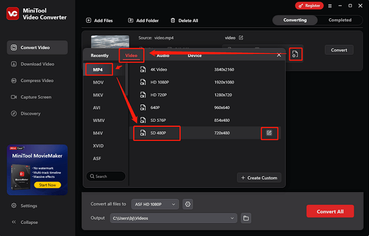 Select an output format and resolution with a lower bitrate in MiniTool Video Converter