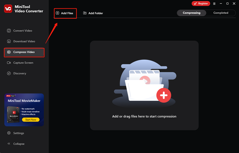 Go to the Compress Video section and click the Add Files button in MiniTool Video Converter to add the video you want to compress