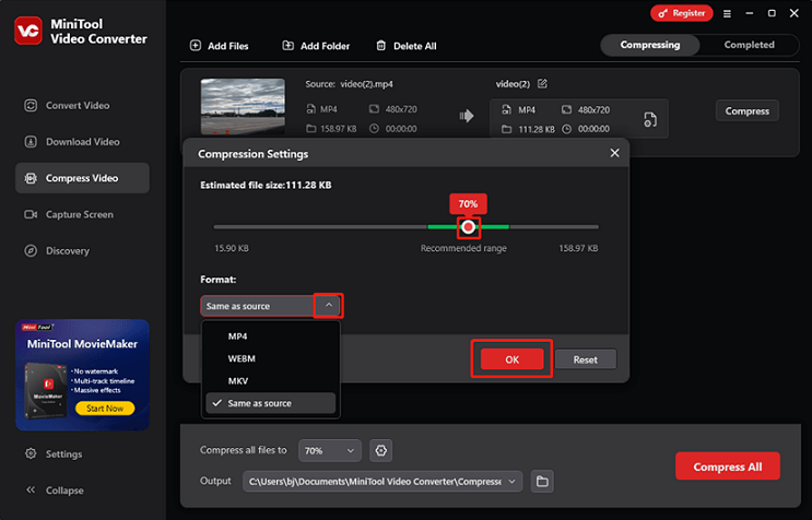 Choose an output estimated file size and format in MiniTool Video Converter’s Compress Video section