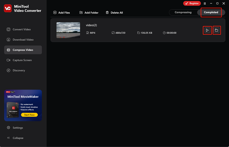Click the Play icon to view the compressed video in MiniTool Video Converter, or click the Folder icon to locate it