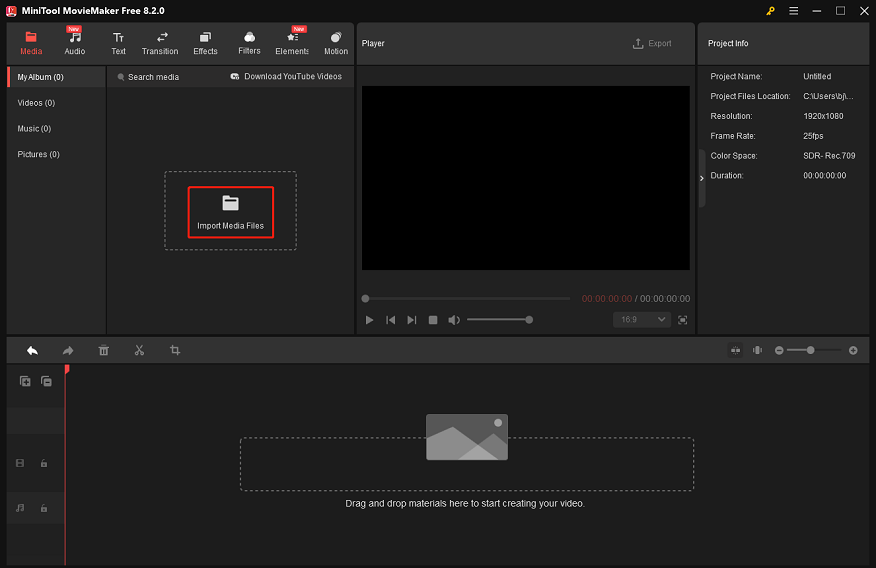 Click the Import Media Files button to import the video in MiniTool MovieMaker