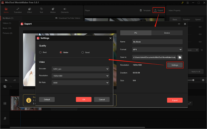 Export a video with a specific format