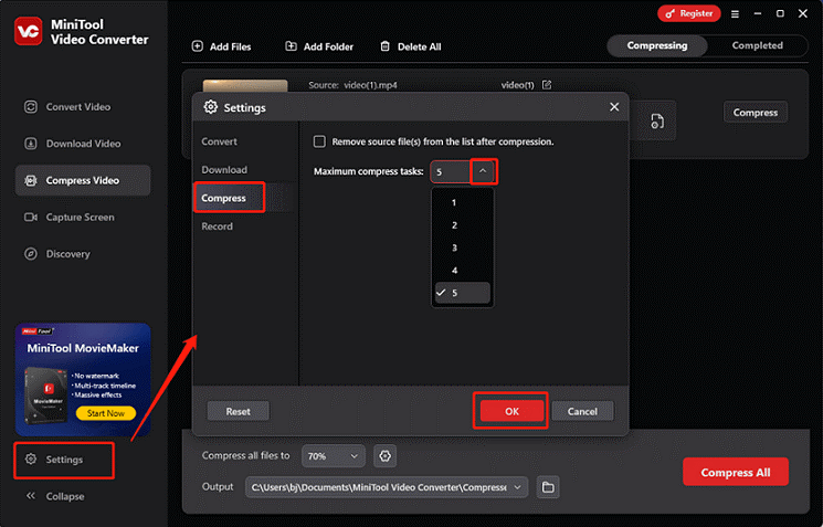 Select the maximum batch compression number in MiniTool Video Converter’s Settings window