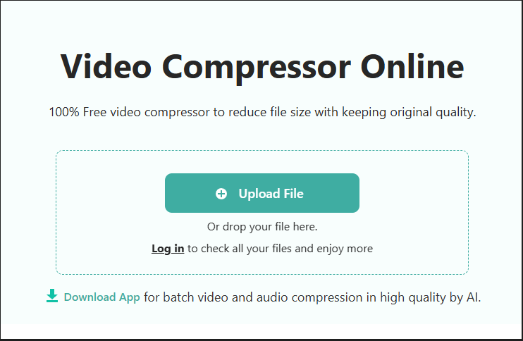 オンライン動画圧縮ツールAnyMP4 Online Video Compressorで「Upload File」をクリックして圧縮したい動画をロード