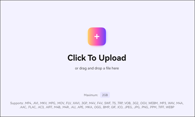 Media.io Online Video Compressorの「Click to Upload」をクリックして動画ファイルをアップロード