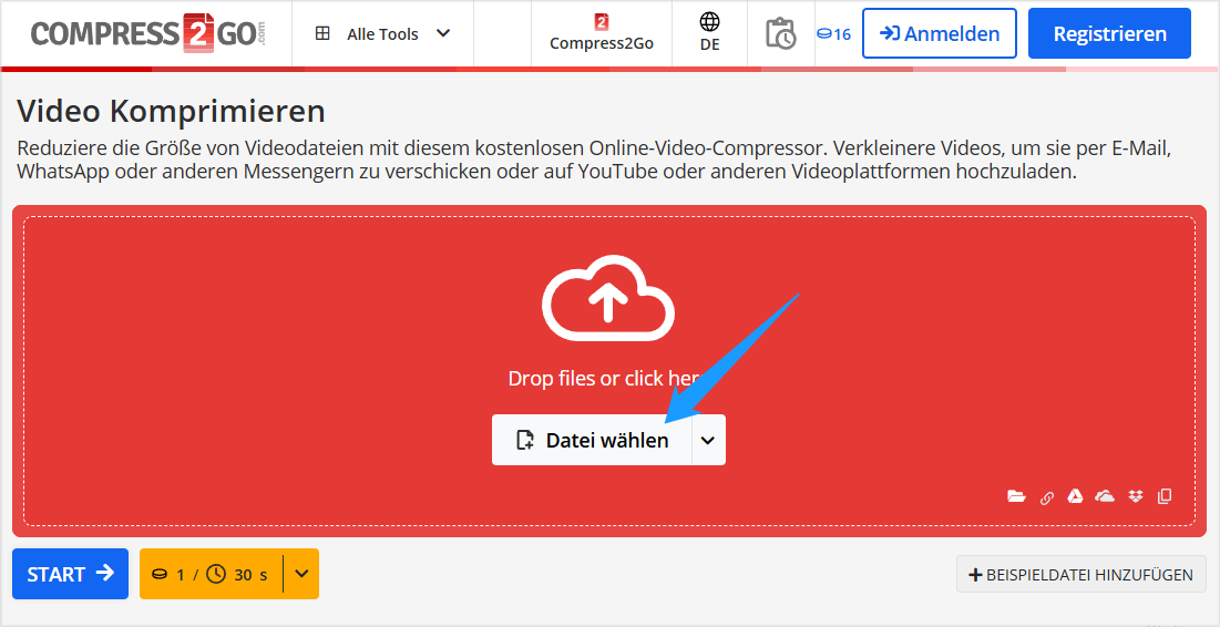 klicken Sie in Compress2Go auf „Datei wählen“, um die zu komprimierenden Videos zu importieren