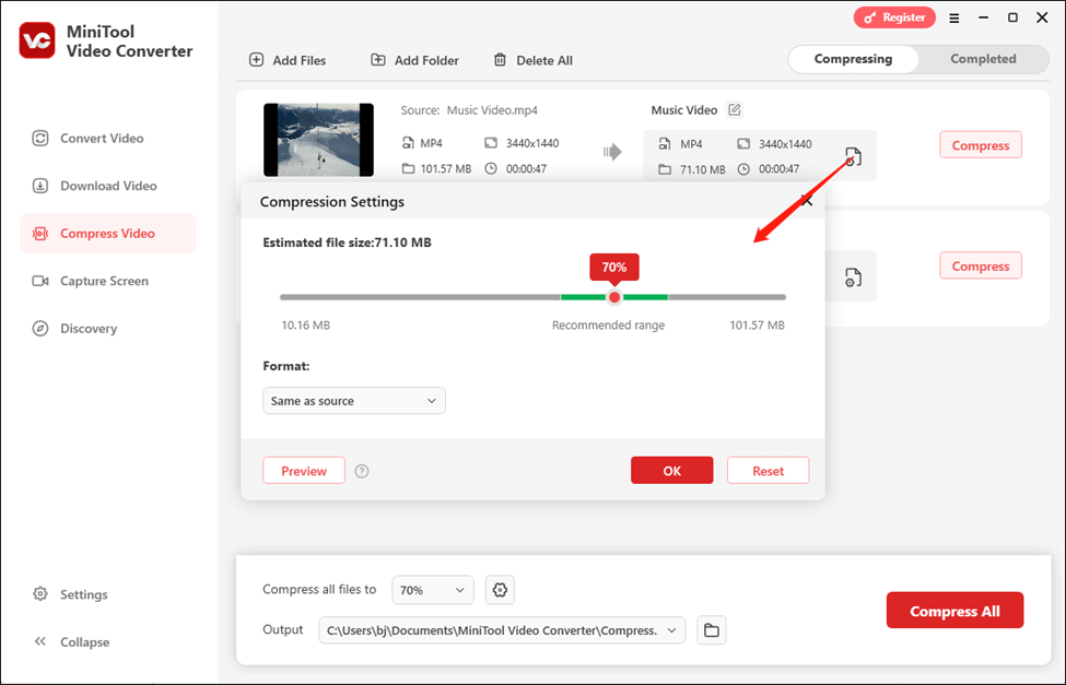 Klicken Sie auf das Symbol „Einstellungen“, um die Komprimierungseinstellungen in MiniTool Video Converter zu aktivieren