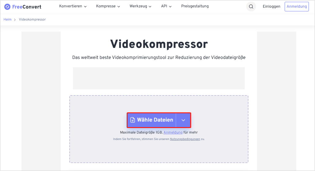 zum Hochladen eines Videos klicken Sie auf FreeConvert auf „Wähle Dateien“