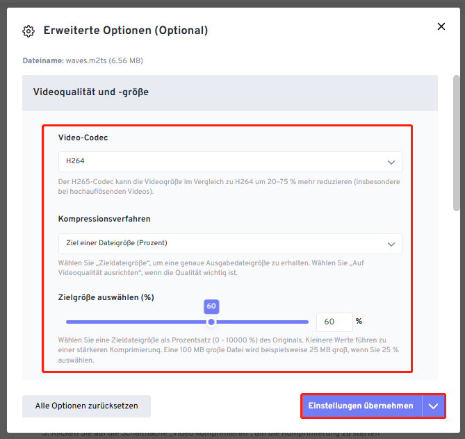 Fenster „Erweiterte Optionen“ durch einen Klick auf das Zahnradsymbol aufrufen und dort Videocodec, Kompressionsmethode sowie -prozentsatz festlegen