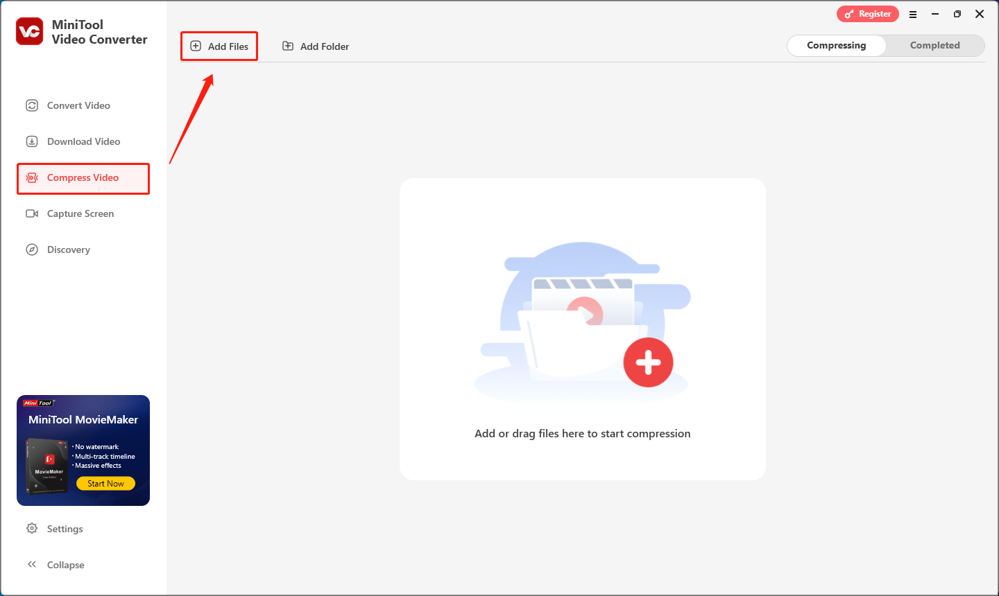 zum Hinzufügen des Videos klicken Sie in MiniTool Video Converter auf „Dateien hinzufügen“