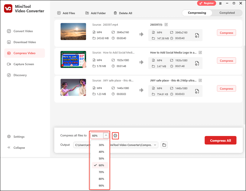 wählen Sie eine Komprimierungsrate für mehrere Videodateien aus dem Menü „Alle Dateien komprimieren auf“ aus