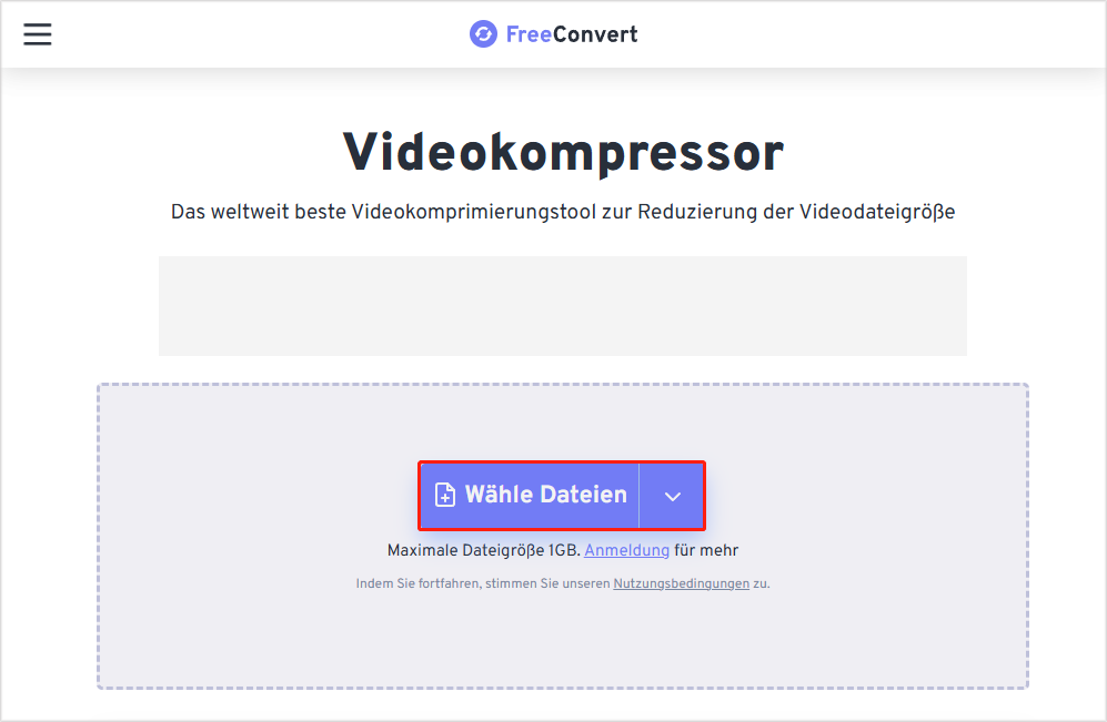 klicken Sie in FreeConvert auf „Wähle Dateien“, um das zu komprimierende Video hochzuladen
