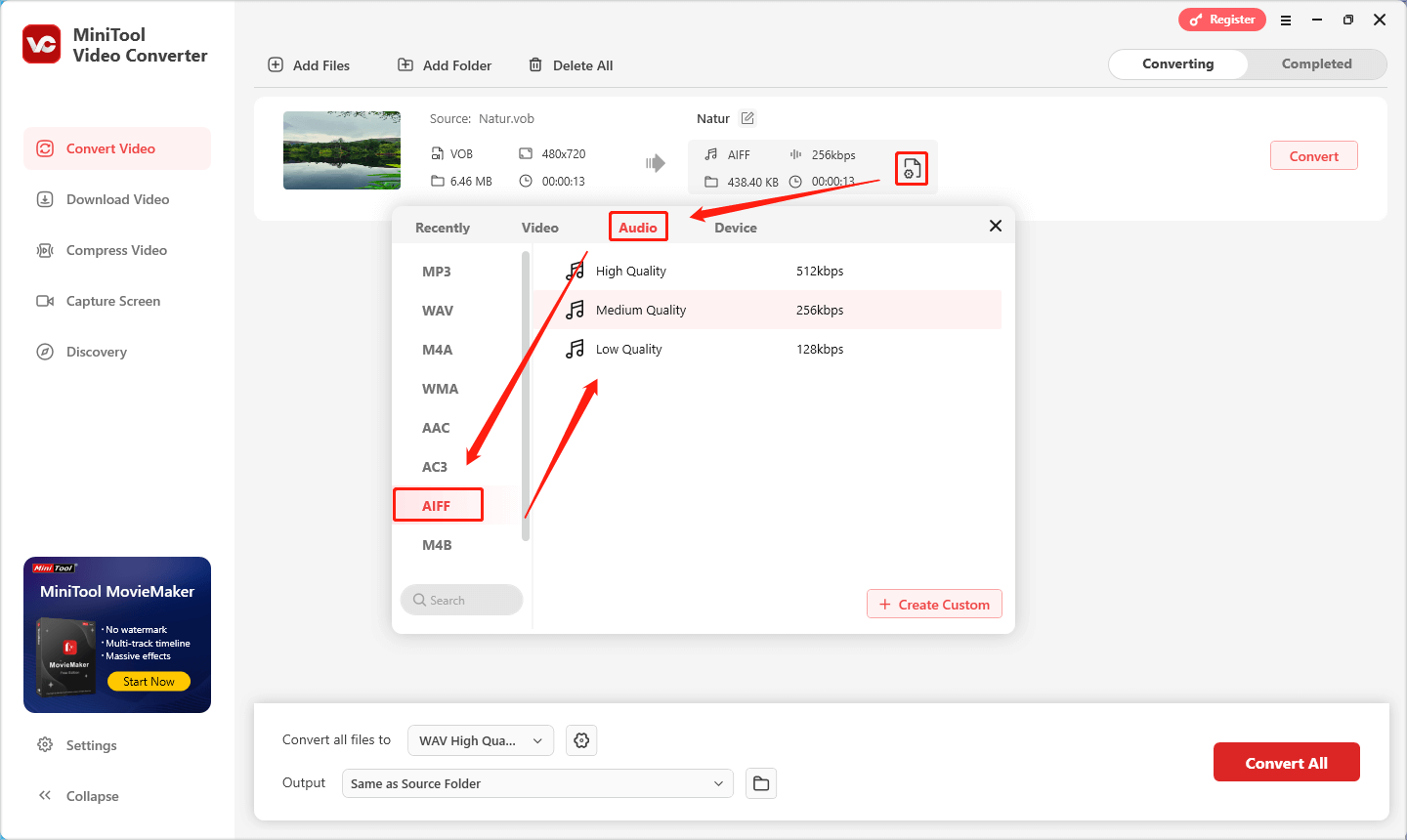 Ausgabeformatfenster in MiniTool Video Converter aufrufen und AIFF unter „Audio“ als Ausgabeformat festlegen