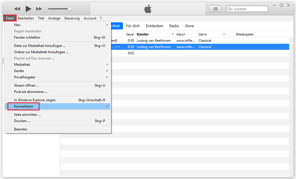 wählen Sie in iTunes den importierten Titel, klicken Sie auf „Datei“ und dann auf „Konvertieren“ und wählen Sie „AAC-Version erstellen“