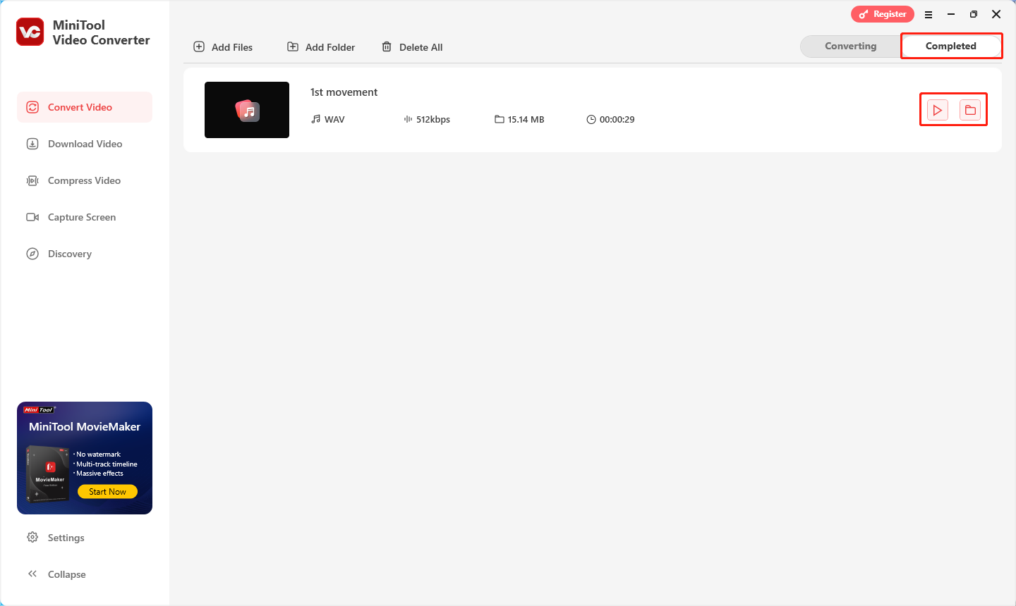 klicken Sie in MiniTool Video Converter auf der Registerkarte „Abgeschlossen“ auf das Wiedergabe- oder Ordnersymbol