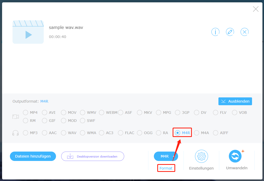 Menü „Format“ erweitern und M4R als Ausgabeformat auswählen