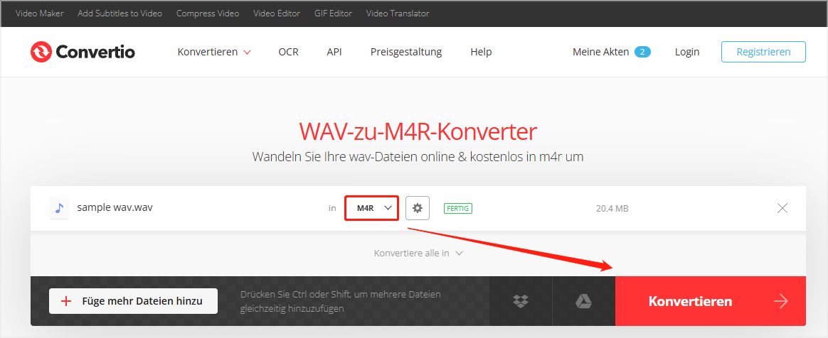 WAV mit Convertio in M4R umwandeln