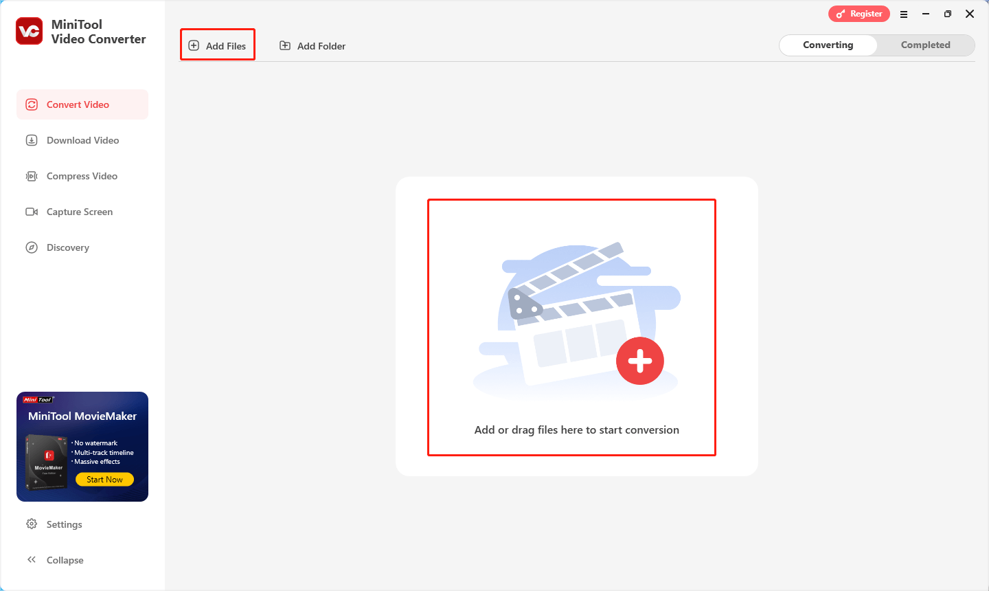 zum Importieren der M4R-Datei klicken Sie in MiniTool Video Converter entweder auf „Dateien hinzufügen“ oder auf den mittleren Bereich
