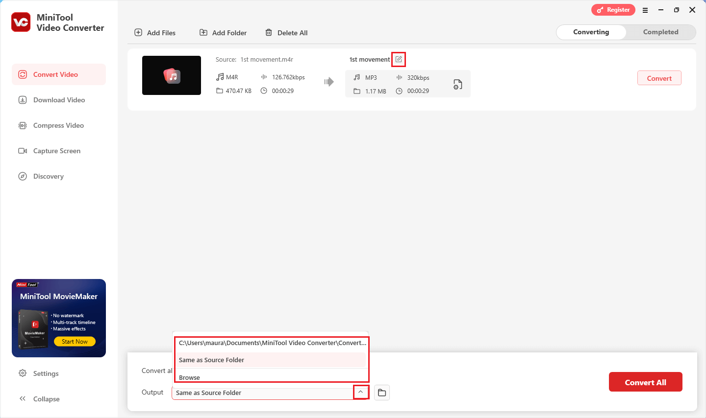 klicken Sie in MiniTool Video Converter auf die entsprechenden Symbole, um die Ausgabedatei umzubenennen und einen Speicherort auszuwählen