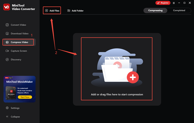 Switch to Compress Video, click on Add Files or Add or drag files here to start compression to add the video to MiniTool Video Converter