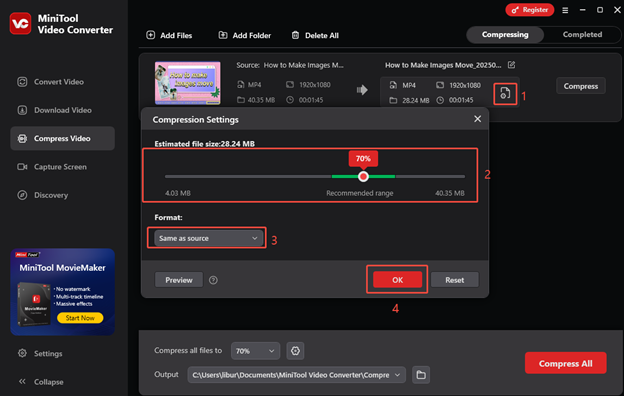 Go to the Compression Settings window to specify the compression level and output format; you can also preview the result in MiniTool Video Converter