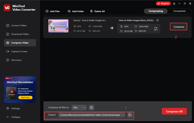 Expand Output to choose a save path for the compressed video and click on Compress to start compressing the video in MiniTool Video Converter