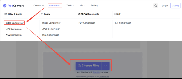 Click on Compress > Video Compressor > Choose Files to add video to be compressed in FreeConvert