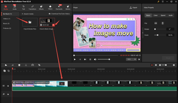 Click on Import Media Files to import the video to MiniTool MovieMaker and add it to the timeline by dragging and dropping or clicking on the plus icon