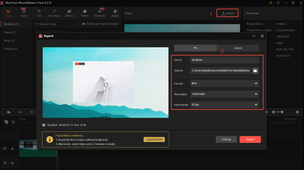 Go to the Export window to customize some parameters in MiniTool MovieMaker