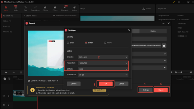 Go to the Settings window to choose video resolution and bitrate, click on Export to export the compressed video in MiniTool MovieMaker
