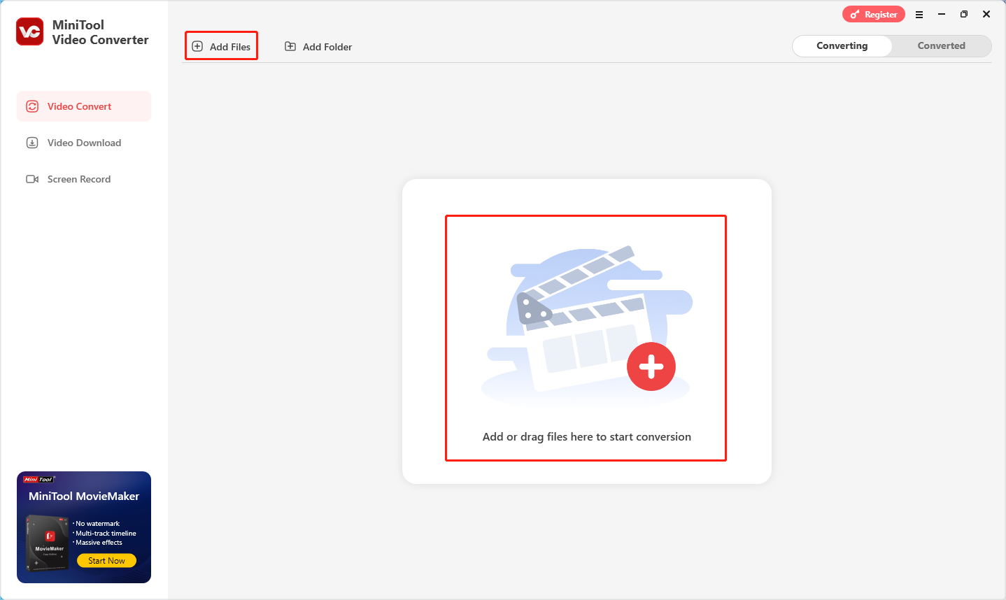 klicken Sie in MiniTool Video Converter auf „Dateien hinzufügen“ oder auf den „+“-Bereich, um die Zieldatei hinzuzufügen