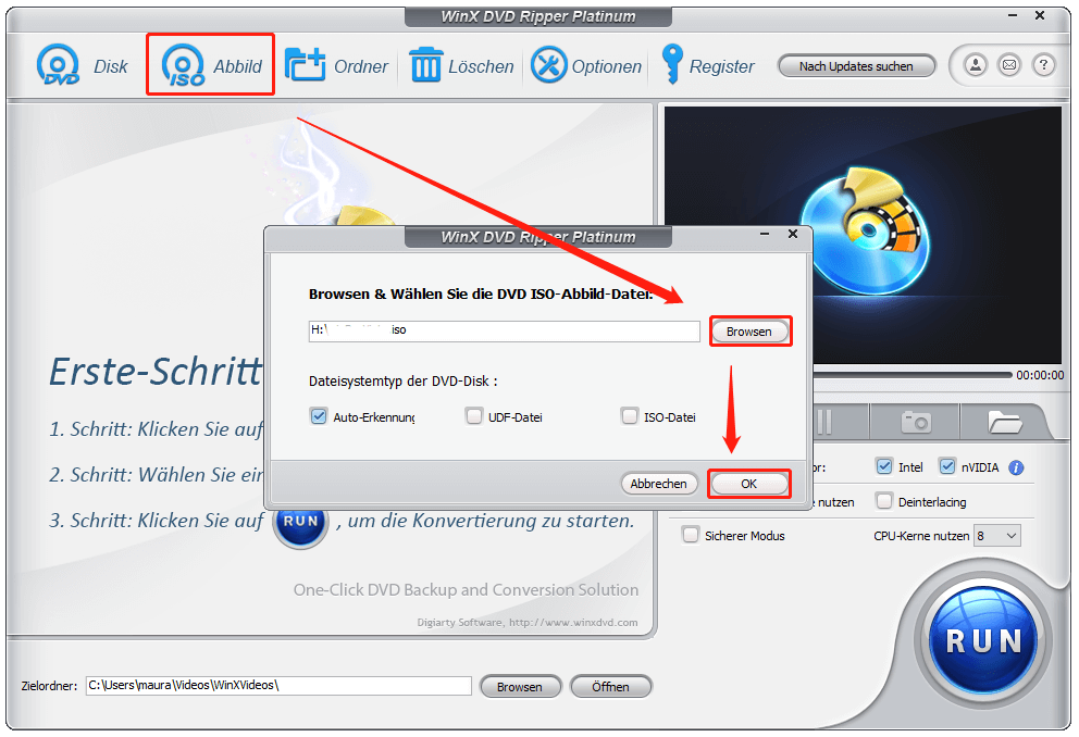 klicken Sie in WinX DVD Ripper Platinum auf „Abbild“ und dann auf „Browsen“, um die zu konvertierende ISO-Datei zu importieren