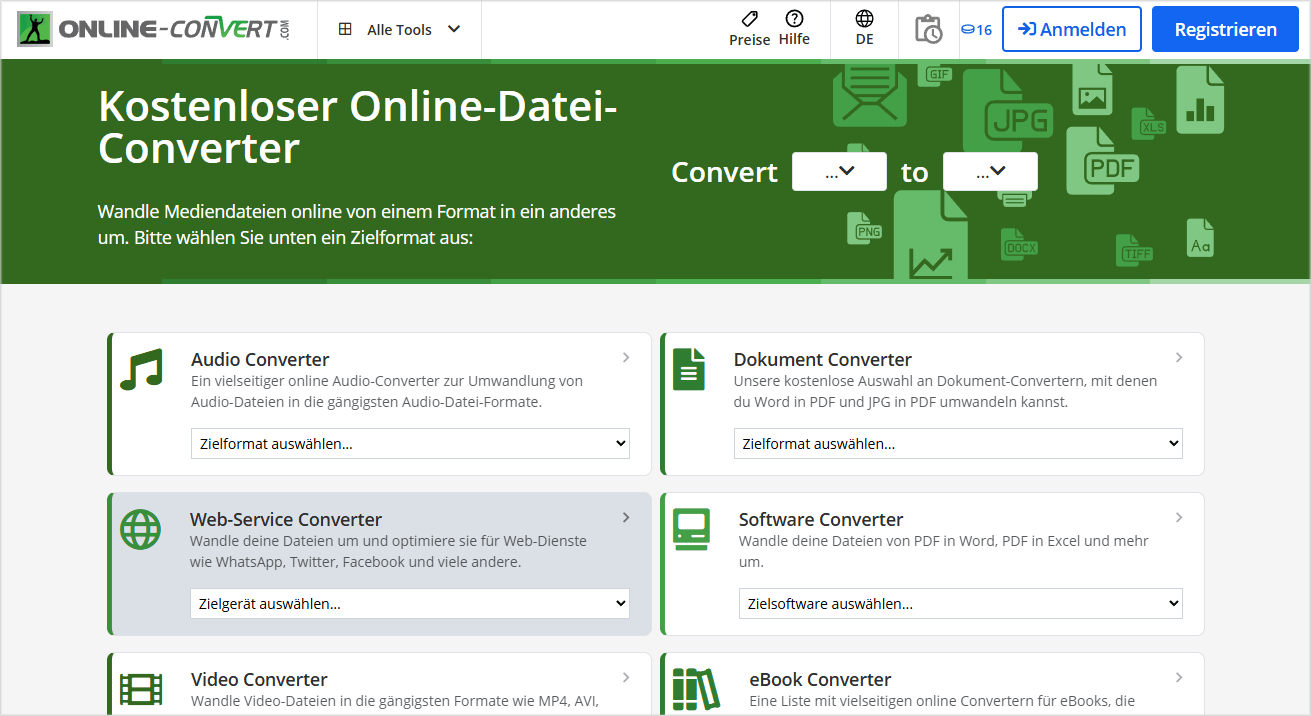 Oberfläche von Online Convert