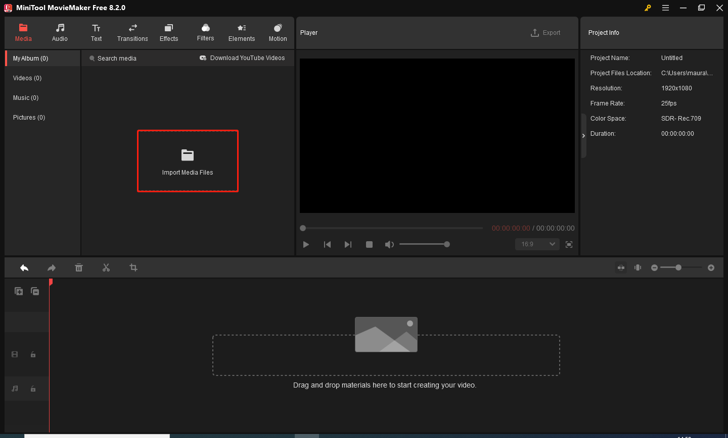 Zum Importieren Ihres Videos klicken Sie in MiniTool MovieMaker auf „Mediendateien importieren“