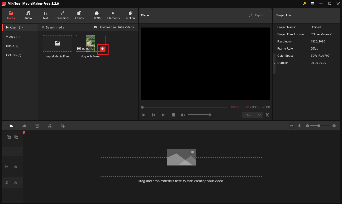 auf Plus-Symbol klicken, um das Video zur Zeitleiste hinzuzufügen