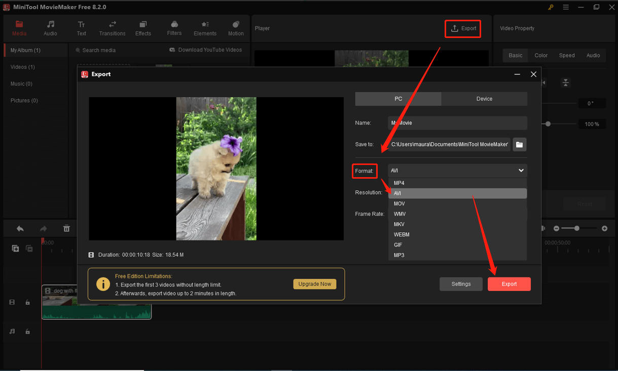 Klicken Sie in MiniTool MovieMaker auf „Exportieren“, erweitern Sie das Menü „Format“ und wählen Sie „AVI“ aus