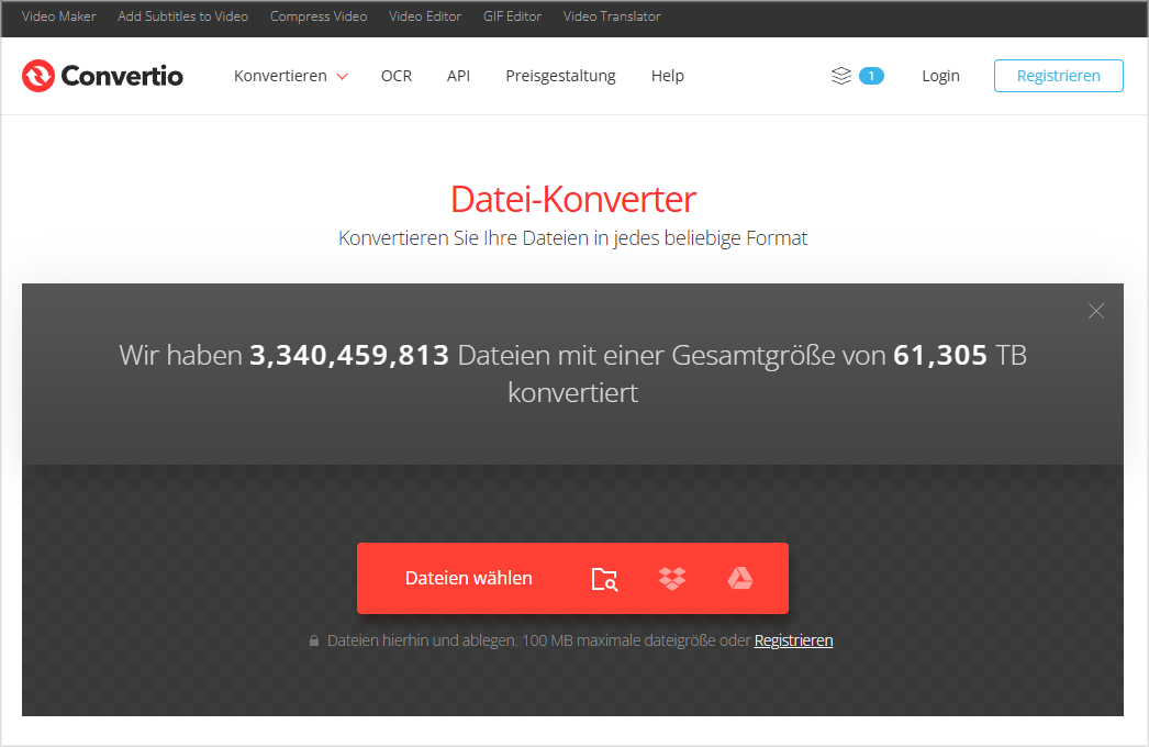 Oberfläche von Convertio