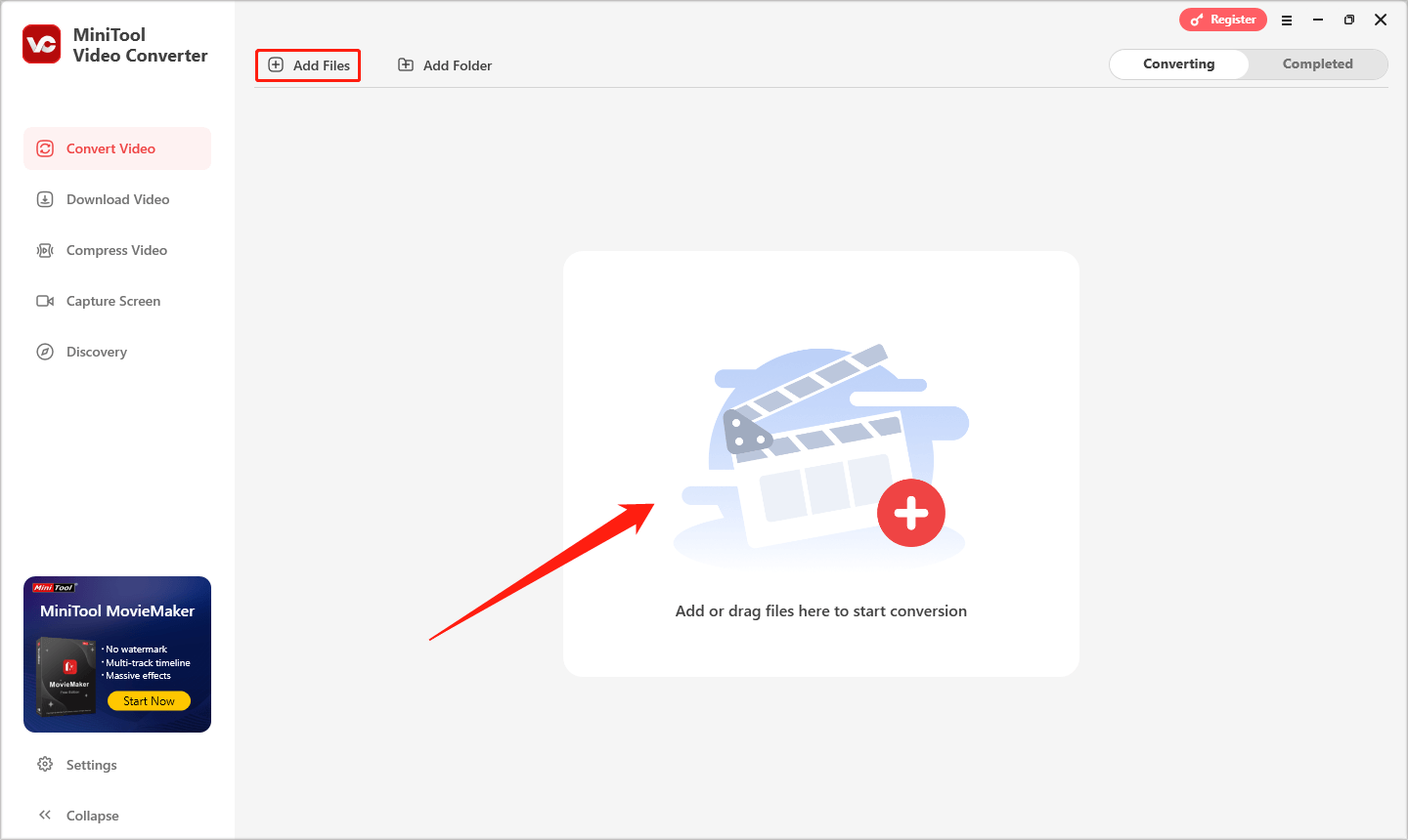 AVI-Video durch Klick auf „Dateien hinzufügen“ in MiniTool Video Converter importieren