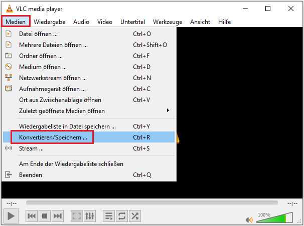 in VLC auf „Medien“ und dann auf „Konvertieren/Speichern …“ klicken