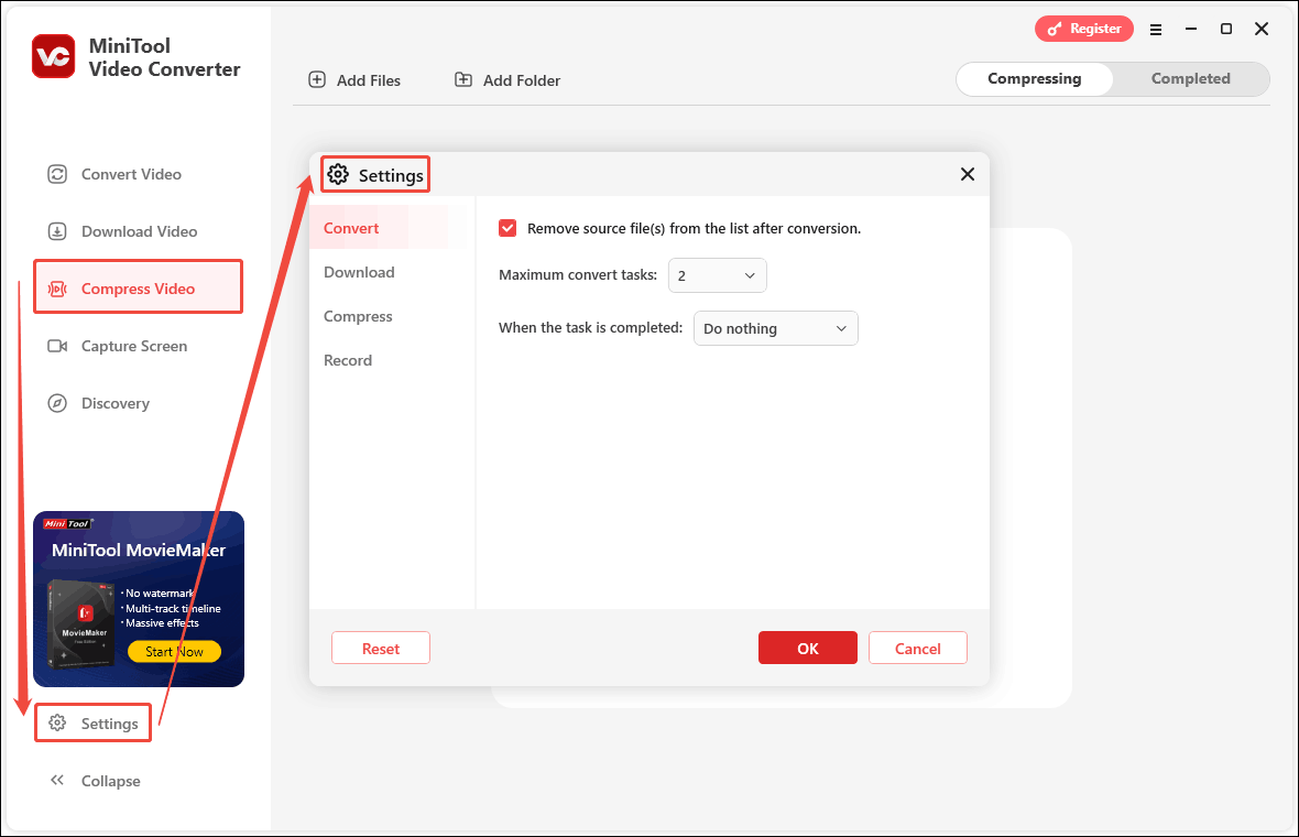 In MiniTool Video Converter, click the Compress Video tab and the Settings option