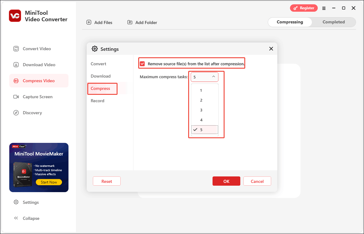 In MiniTool Video Converter’s Settings window, check Remove source file(s) from the list after compression, and click the option behind Maximum compress tasks to choose the number of compression video tasks