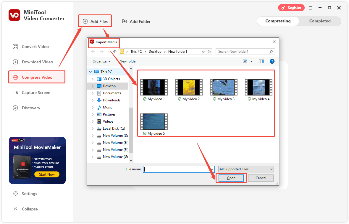 In MiniTool Video Converter’s Import Media window, select all the video files you want to compress, click the Open button, and then click the Open button