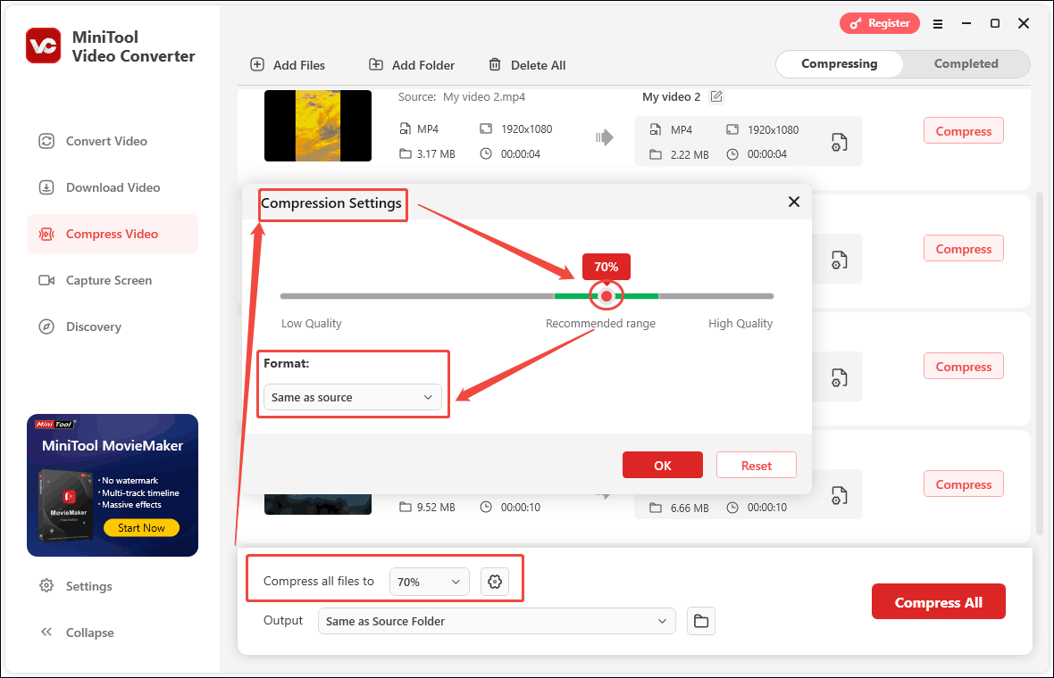 In MiniTool Video Converter’s Compression Settings window, drag the red dot to adjust the compression level, and click the Format option to select the output format