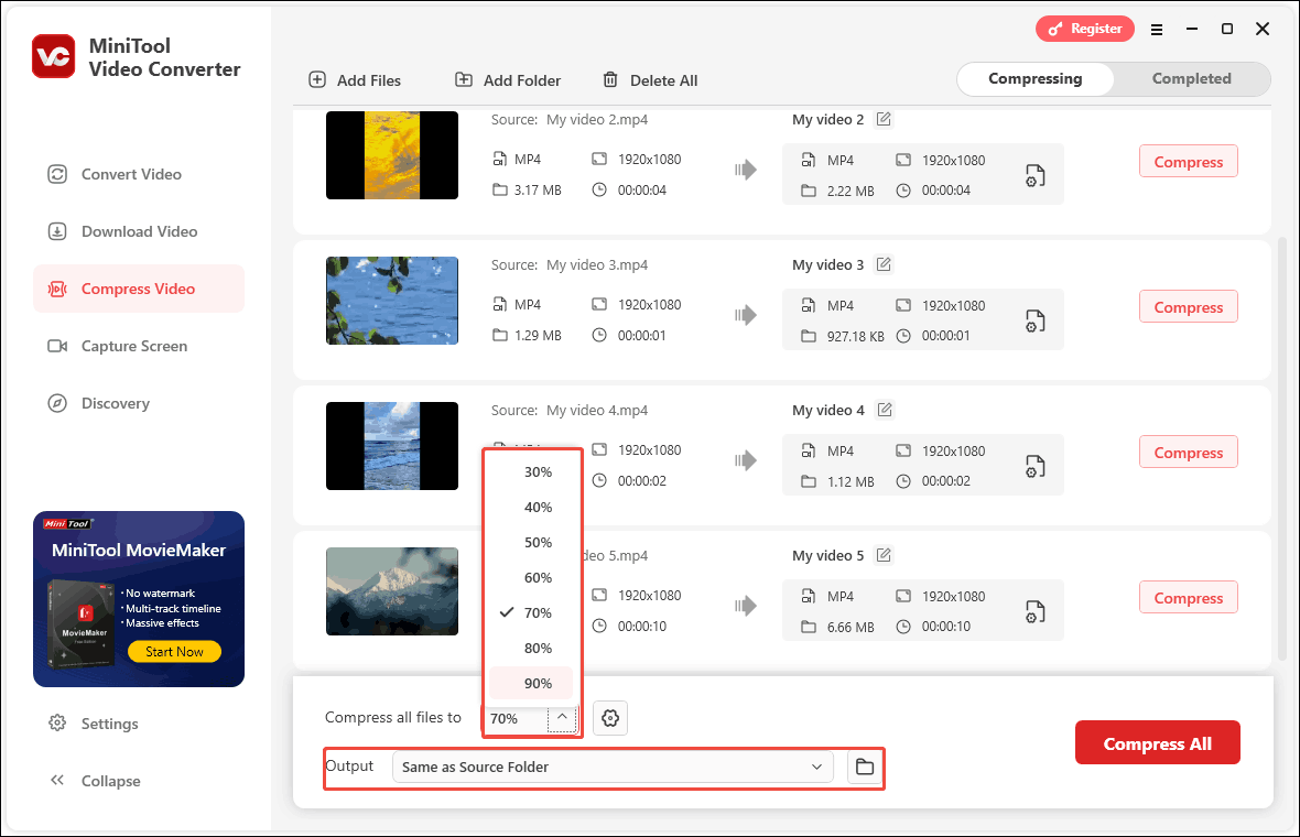 Click the option after Compress all files to and select compression percentage, click the folder icon to select the video save location, and click on Compress All in MiniTool Video Converter