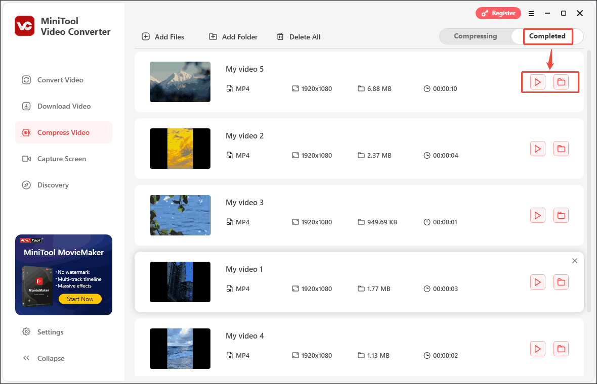 In MiniTool Video Converter’s Completed tab, click play icon to view the compressed video, click the folder icon to locate the compressed video